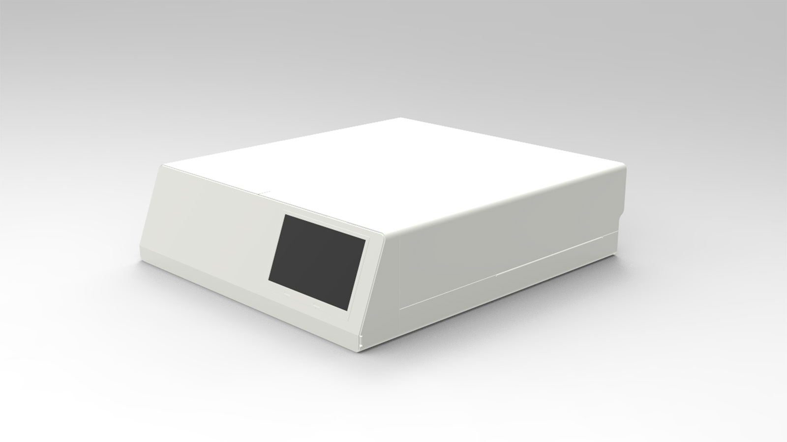 MEC100 early enclosure rendering, front-left three-quarter view