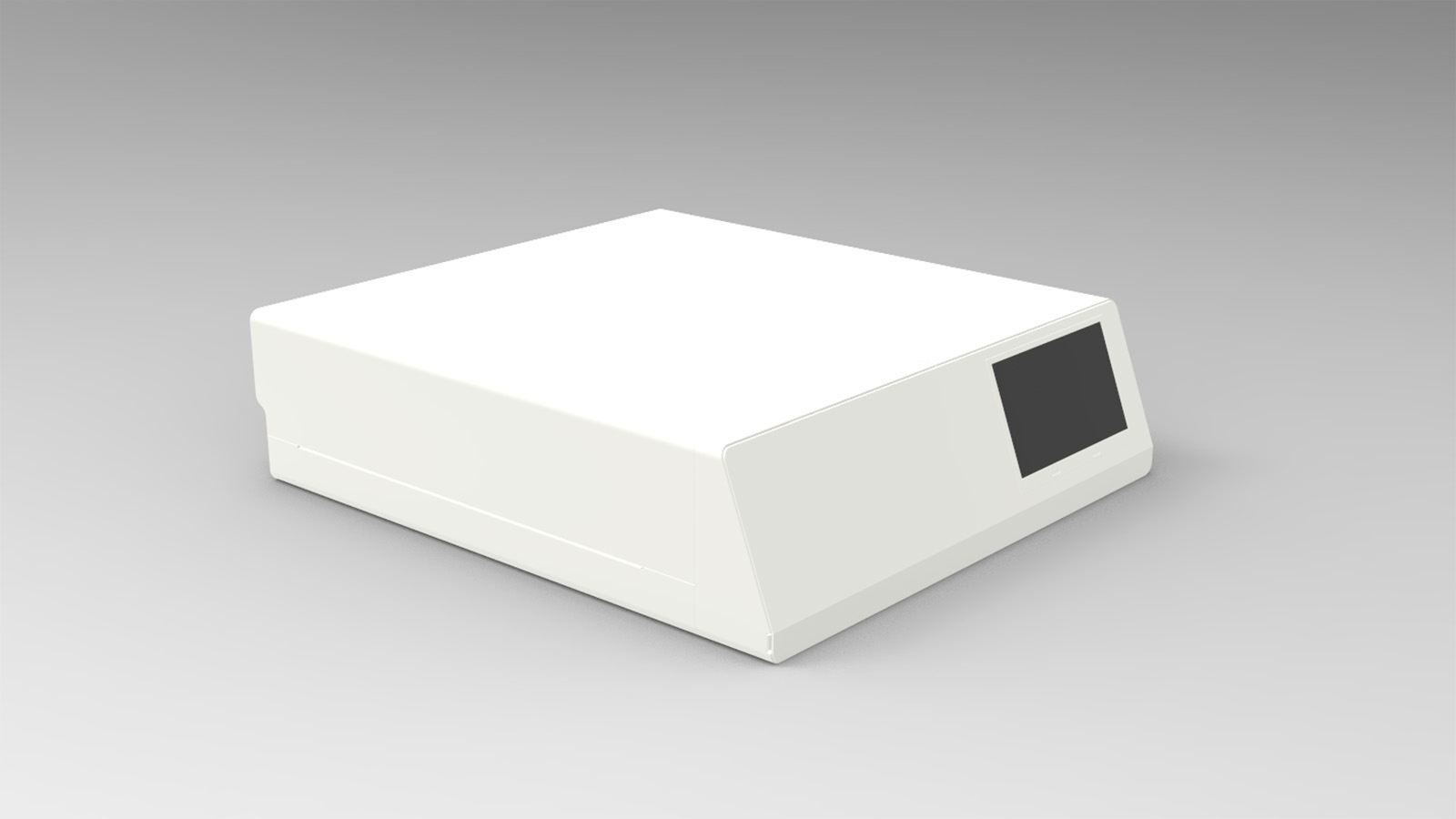 MEC100 early enclosure rendering, front-right three-quarter view