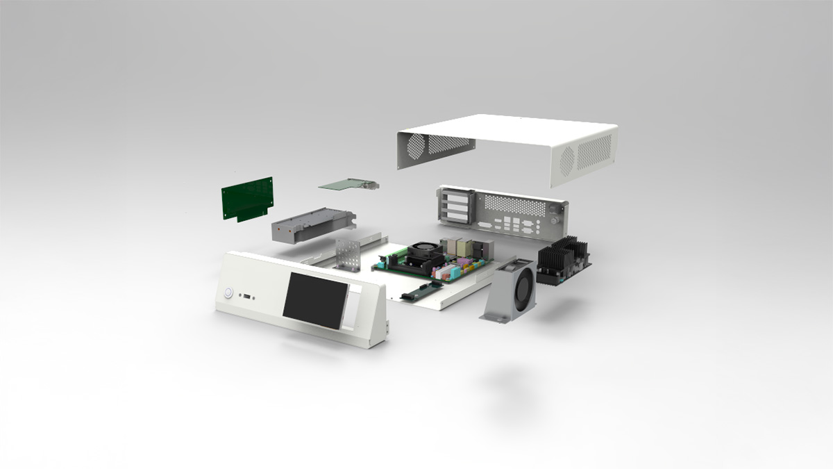 MEC100 exploded assembly from the front, showing enclosure and internal components