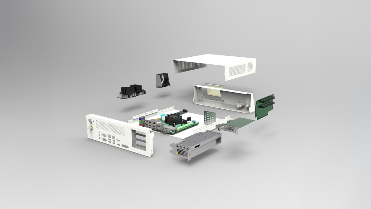 MEC100 exploded assembly from the rear, showing I/O and internal structure