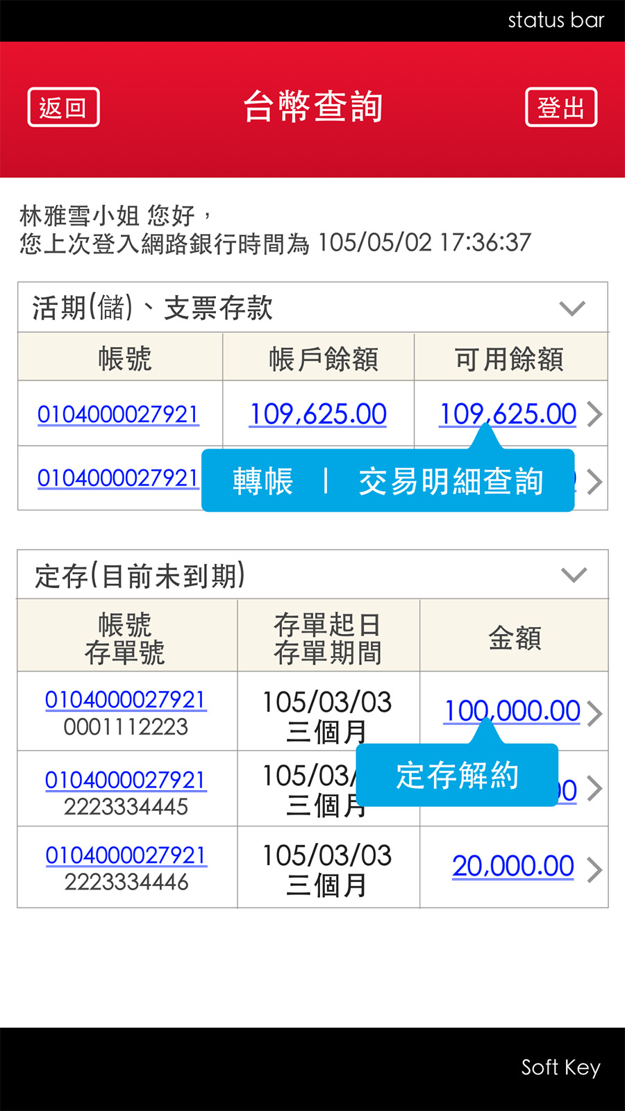 Bank account overview interface